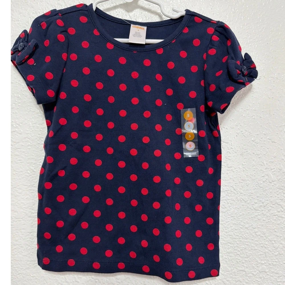 Gymboree Girls Navy Blue Red Polka Dot Bow Sleeve Cotton T-Shirt Size 5 NWT